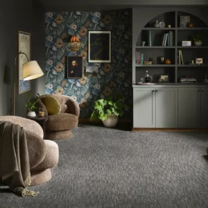 Dark gray Shaw Floors carpet in sitting room | Corvin’s Flooring