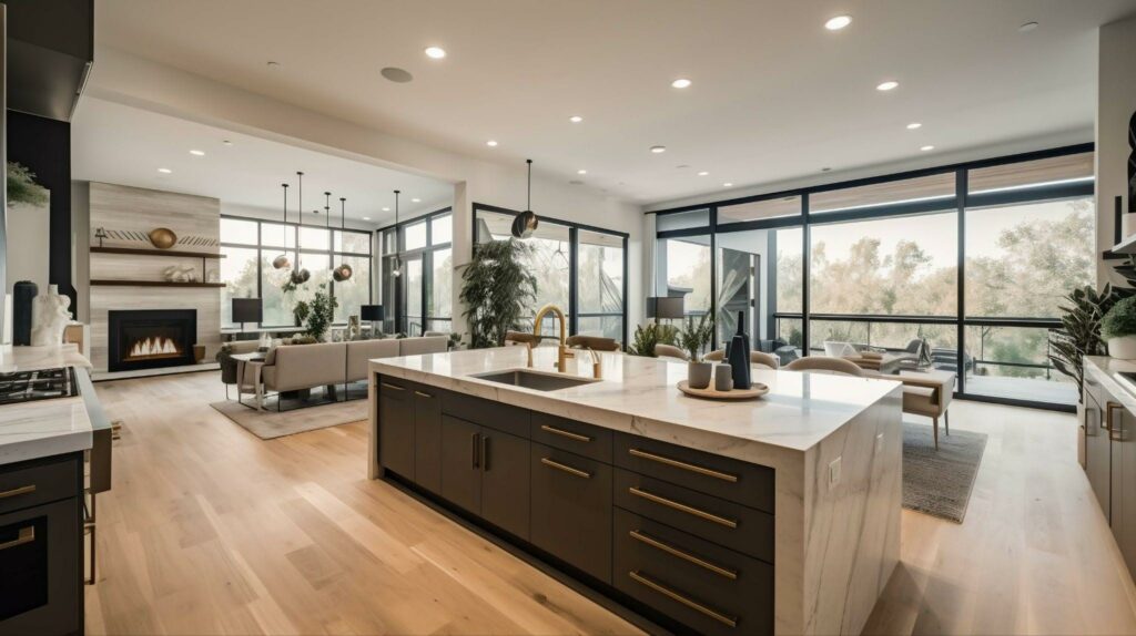 Open concept kitchen and living room featuring wide plank hardwood flooring and large kitchen island