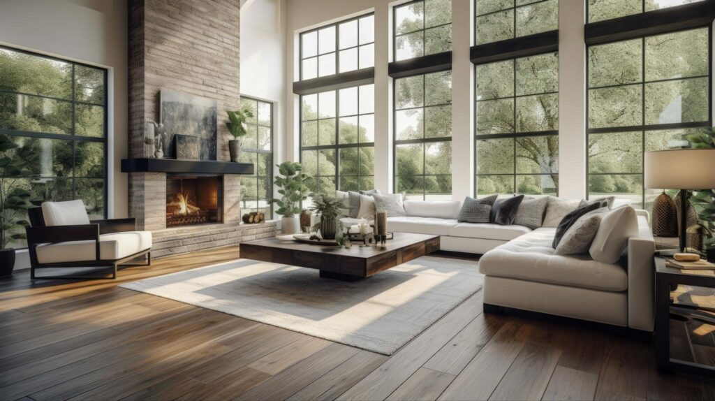 Spacious living room with hardwood flooring large area rug and floor to ceiling windows