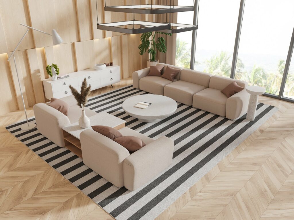 Layered area rug design over herringbone hardwood flooring in a modern living room