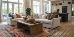 Large patterned area rug anchoring a seating area in an open concept living room with hardwood floors