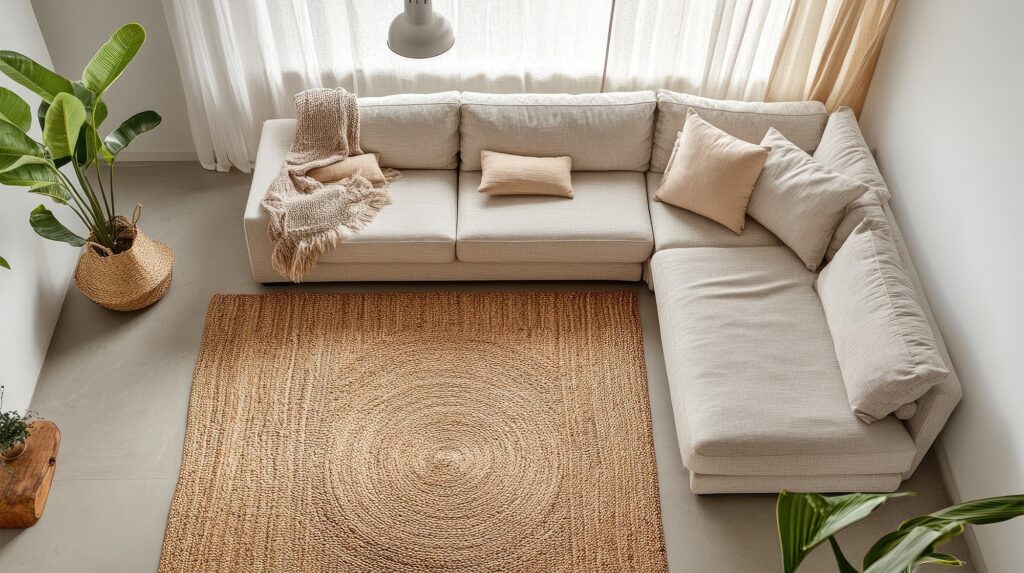 Natural fiber area rug in a cozy living room creating texture and warmth in a modern space