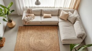 Natural fiber area rug in a cozy living room creating texture and warmth in a modern space