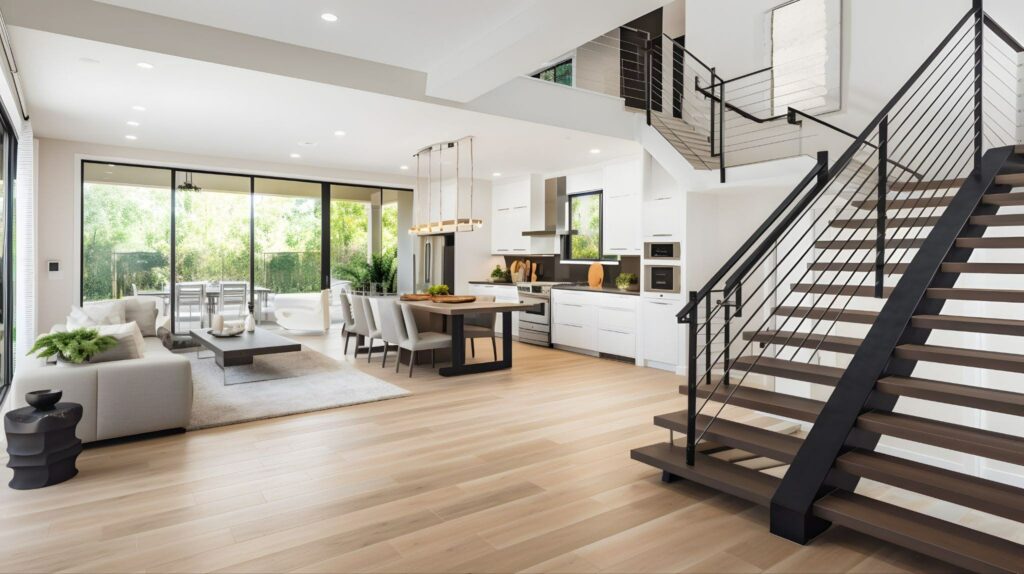 Modern open concept living room and kitchen with light hardwood flooring floating staircase and spacious contemporary interior design