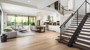Modern open concept living room and kitchen with light hardwood flooring floating staircase and spacious contemporary interior design