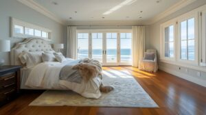 Large bedroom with hardwood flooring area rug and ocean view creating a warm and elegant retreat