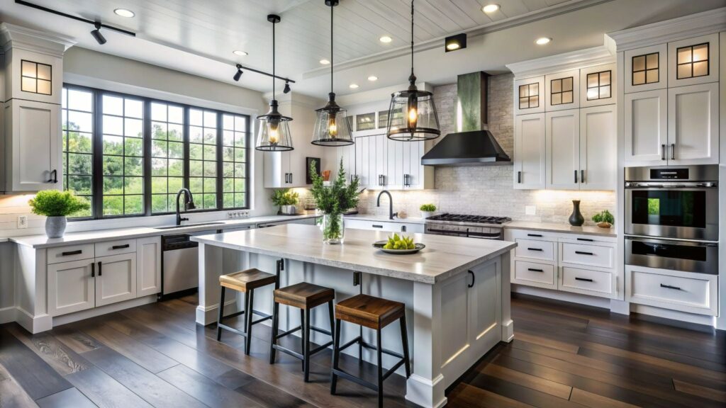 Farmhouse kitchen with dark hardwood flooring white cabinets and large center island in an open concept layout