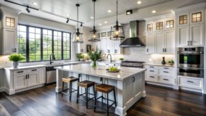 Farmhouse kitchen with dark hardwood flooring white cabinets and large center island in an open concept layout