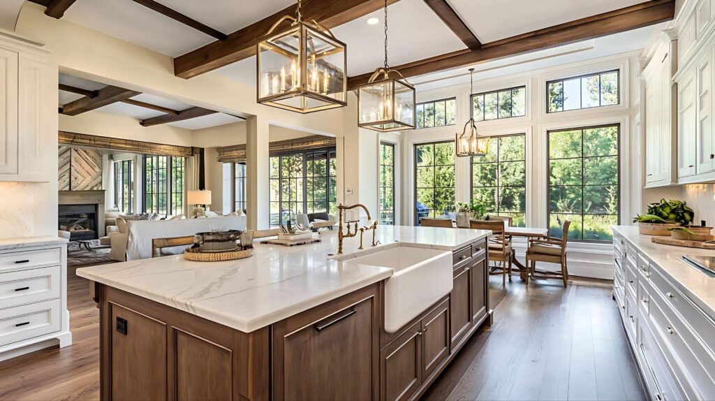 Open concept kitchen and dining area featuring wide plank hardwood flooring natural light and custom cabinetry