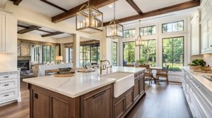 Open concept kitchen and dining area featuring wide plank hardwood flooring natural light and custom cabinetry