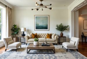 Neutral living room with decorative area rug hardwood flooring and comfortable seating arrangement