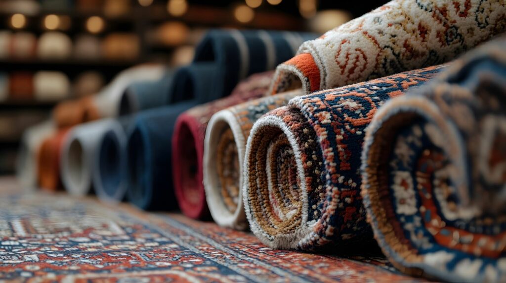 Rolled area rugs displaying vintage patterns colors and textures in a flooring and home decor showroom