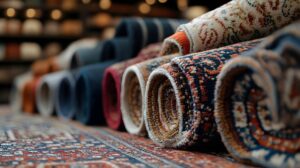 Rolled area rugs displaying vintage patterns colors and textures in a flooring and home decor showroom